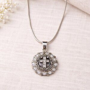 Silver Rhinestone Cross Interchangeable Snap Charm Necklace